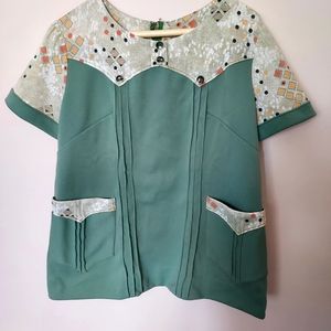 Vintage handmade green polyester smock top Grandmacore 1970s Retro